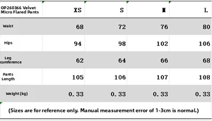 Tableau des tailles détaillé pour pantalon évasé en velours avec mesures