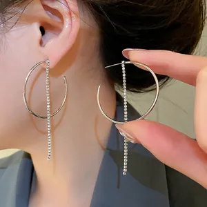 Orecchini A Cerchio Geometrici Con Perno In Argento Sterling 925 Lega Strass Nappa Lunga Lineare Pendente Per Donna