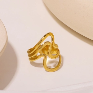 Minimalist 18k gold plated wavy hollow open ring with organic layered stainless steel design