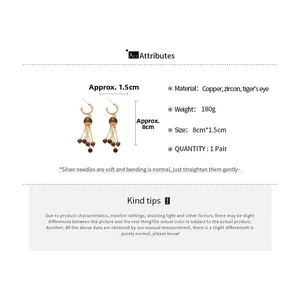 Detailed size specifications for tiger eye and zircon tassel earrings in bohemian style