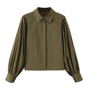 Women Cotton Blouse Shirt Long Puff Sleeve Lapel Collar Solid Color Casual Army Green Elegant Fashion Top