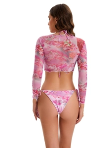 Three-piece floral bikini set with pink mesh long sleeve top and tie-side bottoms