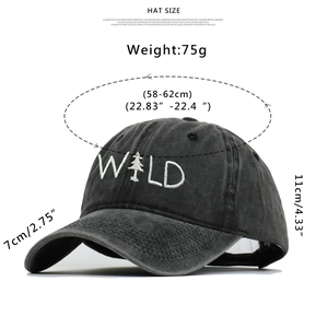 Detaillierte Größentabelle für die dunkelgrau gewaschene Baseballkappe mit WILD-Stickerei
