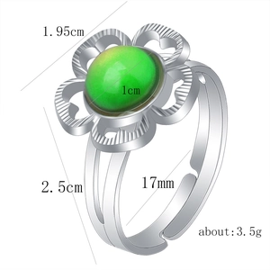 Detail view of flower-shaped ring with green color-changing stone and open band dimensions