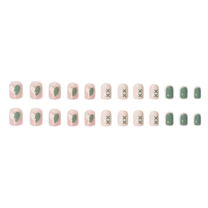 Short press-on nails with green and pink heart patterns, 24-piece set in a square-oval shape