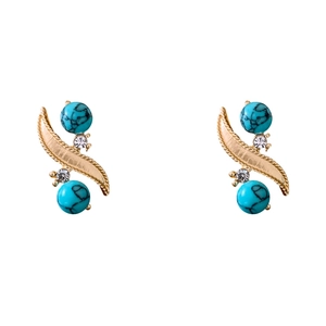 Vintage gold leaf earrings with turquoise stones and crystals on white background