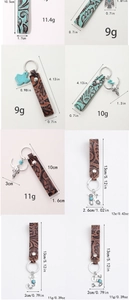 Detailed measurements of western leather keychains with turquoise beads and cow skull charms