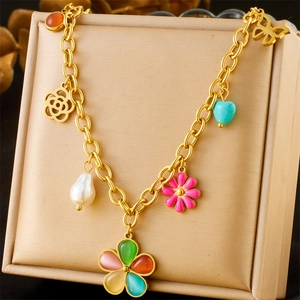 Stainless Steel Necklace Colorful Resin Flower Daisy Butterfly Artificial Pearl Heart Multi Charm Fashion Jewelry For Women