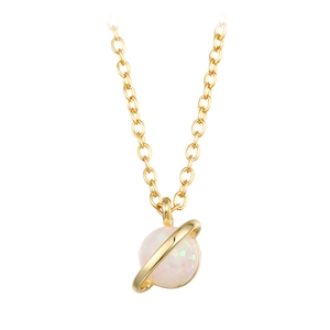 Golden planet pendant necklace with white opal stone on a minimalist gold chain