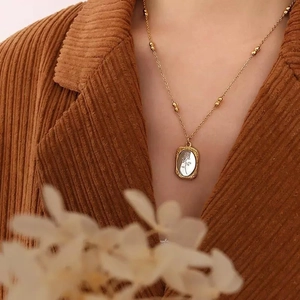 French vintage 18K gold plated bead chain necklace with oval rose floral pendant