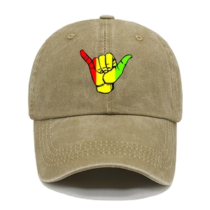 Vintage khaki washed cotton baseball cap with Shaka hand gesture embroidery