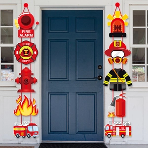 Cartoon fire fighter theme birthday party door banners with fire truck graphics