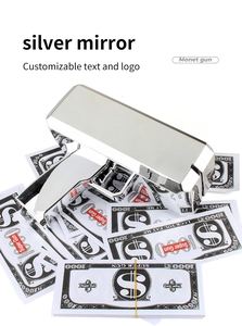Silver mirror money gun toy with customizable logo detail on high-quality metallic finish