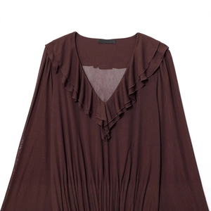 Fashionable V-neck long sleeve tiered dress in deep brown with pleated ruffles