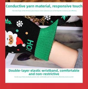 Detail of touchscreen winter gloves with Santa Claus pattern and elastic ribbed cuffs