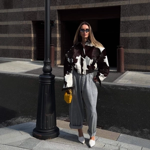 Women stylish black and white cow print faux fur cropped jacket with drawstring pants