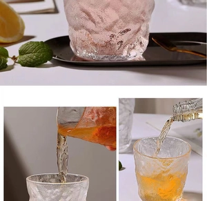 Close-up of glacier-textured glass cup with macro shots of pouring drinks and details