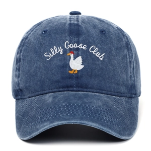 Vintage navy washed denim baseball cap with Silly Goose Club embroidery and cartoon goose