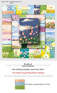 Détails de 50 autocollants de fleurs style peinture à l'huile, taille 5,5-8,5 cm