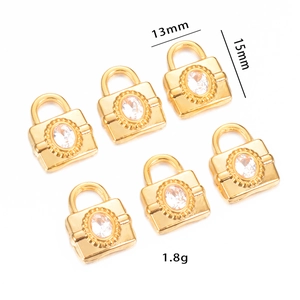 Golden lock pendant with oval zircon showing 13mm by 15mm dimensions and 1.8g weight