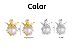 Macro detail of crown pearl earrings in gold and silver finish, size 19.5mm by 15.7mm