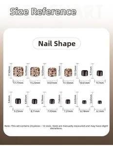 Size chart for leopard cat-eye press-on toe nails with 24 pieces in 12 various dimensions