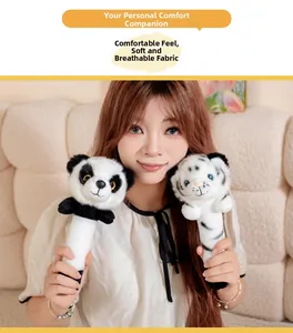 Detailed view of plush tiger and panda hand massage sticks with soft breathable fabric