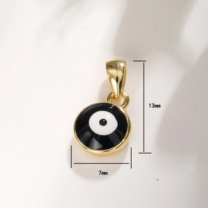 Detailed view of evil eye jewelry charm with 13mm height and 7mm width dimensions