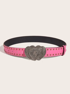 Pink punk style belt with double heart metal buckle and metallic rivet details