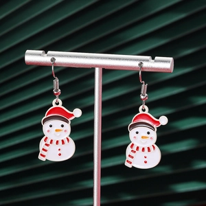 Detail of Christmas snowman drop earrings with red hat and scarf on silver jewelry stand