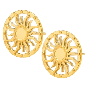 Detailed shot of gold-plated stainless steel sunburst stud earrings with radial patterns