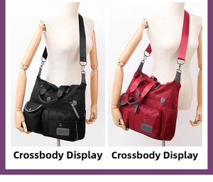 Dual-view of black and burgundy large nylon travel bags with multi-pocket design