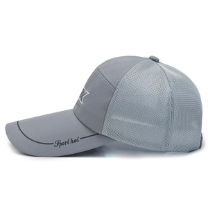 Grey breathable mesh baseball cap with long visor and X logo for outdoor sports fashion