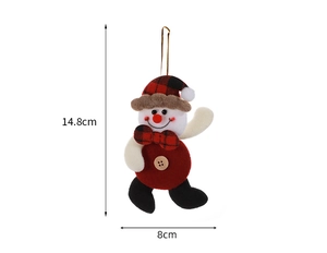 Detail of Christmas snowman ornament with red plaid hat and gold hanging string