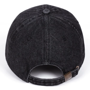Back view of black washed denim baseball cap with adjustable antique bronze metal buckle