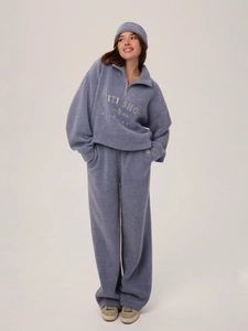 Maglione In Maglia Da Donna Con Mezza Zip E Pantaloni Larghi Con Fascia Misto Cotone Poliestere Ricamo Lettere Stile Sportivo