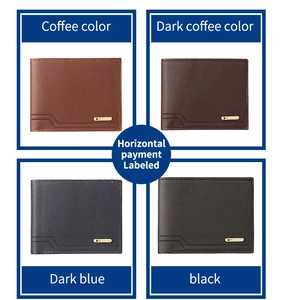 Detail showing bifold wallets in light coffee, dark coffee, blue and black leather