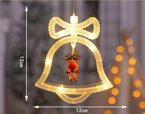 Detail of warm white LED Christmas bell sucker light with red reindeer ornament and size specs