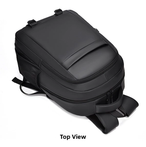Detailed top view of travel backpack featuring reinforced handle and dual zipper system