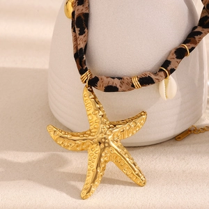 Starfish Pendant Necklace Stainless Steel Leopard Print Fabric Cord Shell Charms Beach Vacation Style Jewelry For Women