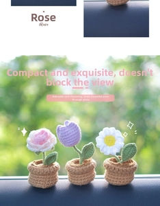 Detailed crochet mini potted flowers featuring rose, tulip, and daisy for car dashboard
