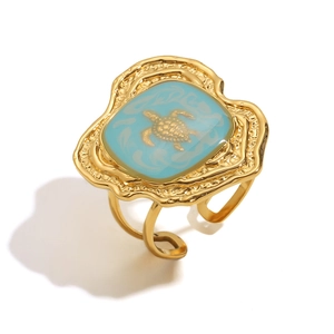 18K gold plated stainless steel sea turtle ring with blue enamel inlay for women