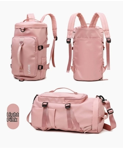 Detailed views of light pink waterproof fitness bag showing versatile carrying modes