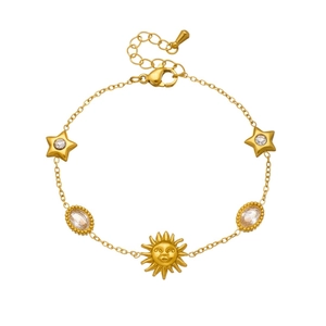 Gold stainless steel sun face and star charms bracelet with sparkling oval crystals