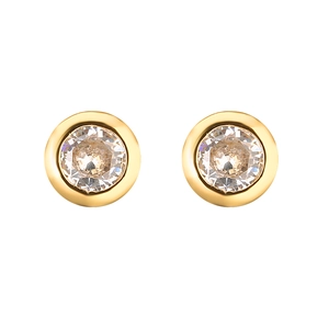 Macro detail of classic gold bezel setting stud earrings with sparkling round cubic zirconia