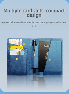 Detail view of navy Saffiano leather passport holder with card slots and pen loop