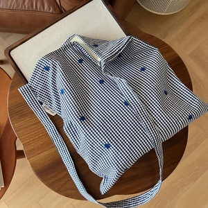 Sac Bandoulière En Toile De Coton Broderie Nœud Rayé À Carreaux Grande Capacité Fermeture Éclair Cabas Pour Femmes