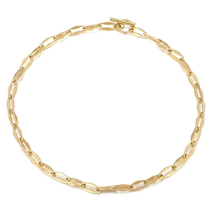 Minimalist gold titanium necklace featuring geometric rhombus links and OT toggle clasp