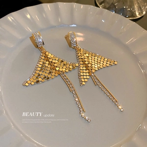 Elegant fishtail tassel earrings with golden sequins and sparkling rhinestones for women