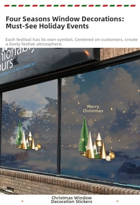 Detailed Christmas tree window stickers with gold snowflakes and Merry Christmas text